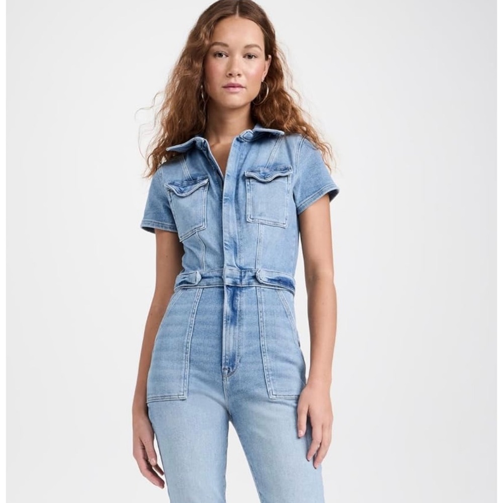 Good American Blue Denim short sleeved Jumpsuit with Collared Neckline